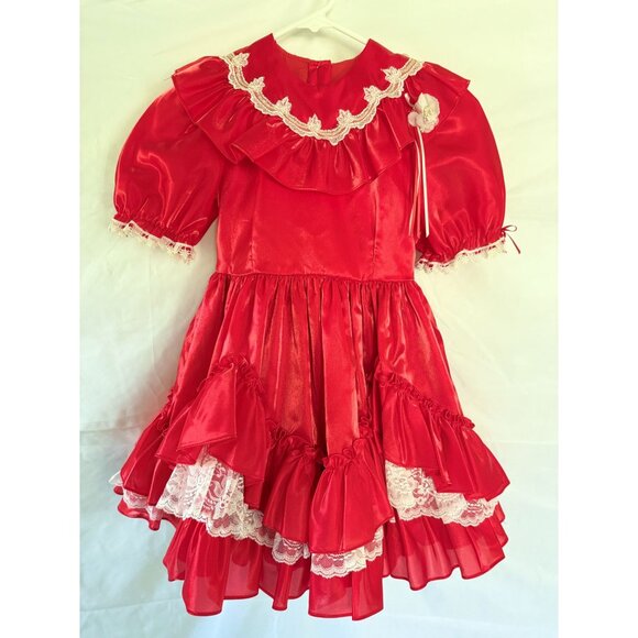 Vintage Red Lace Ruffled Party Dress Full Circle Handmade Girls Size 5/6 - Picture 1 of 13